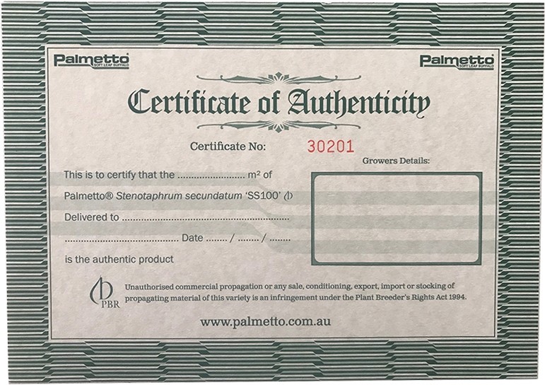 Certificate of Authenticity Palmetto Soft Leaf Buffalo Turf Grass s3