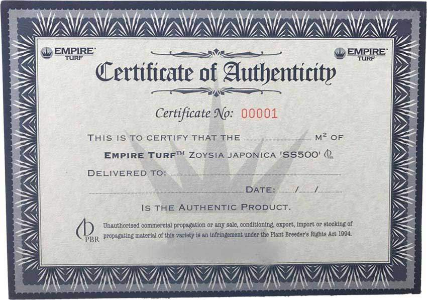 Empire Zoysia Turf Certificate of Authenticity